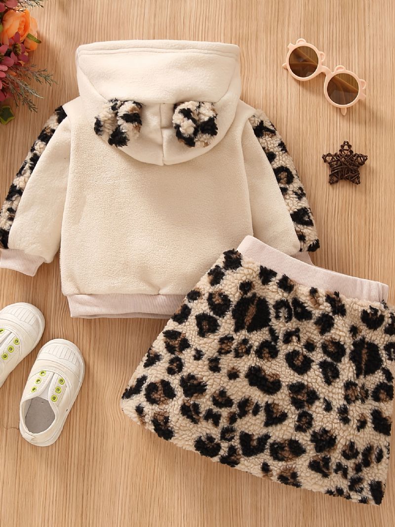 2 Stk Baby Piger Polar Fleece Hættetrøje Leopard Brev Broderi Top & Nederdel Sæt Børnetøj