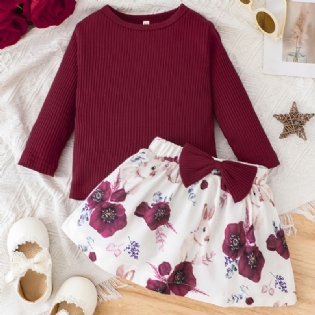 2 Stk Baby Piger Pullover Ensfarvet Langærmet Top & Blomster Kanin Print Nederdel Børnetøj