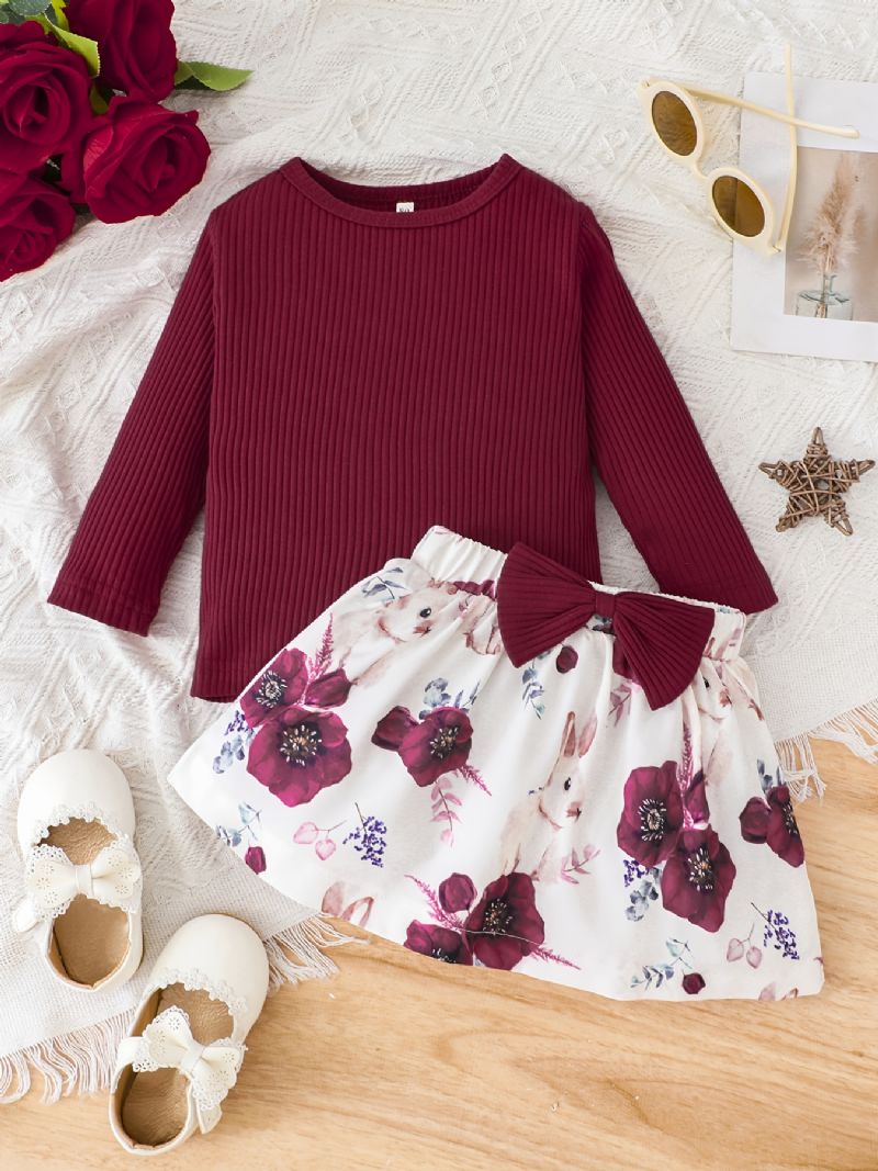 2 Stk Baby Piger Pullover Ensfarvet Langærmet Top & Blomster Kanin Print Nederdel Børnetøj