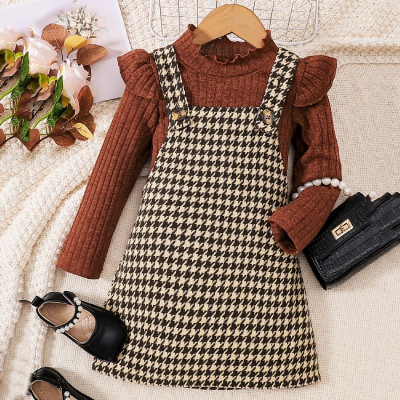 2 Stk Elegant Sweet Houndstooth Tweed Suspender Nederdel & Flæser Sweater Sæt Til Vinterfest