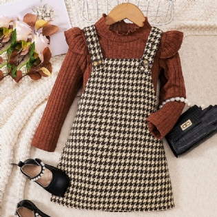 2 Stk Elegant Sweet Houndstooth Tweed Suspender Nederdel & Flæser Sweater Sæt Til Vinterfest