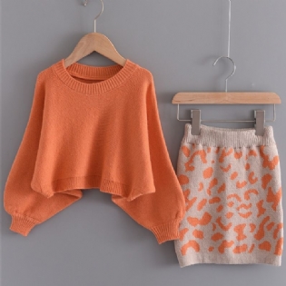 2 Stk Piger Casual Termisk Strikket Sweater & Leopardprint Nederdel Sæt Til Vinterfest Orange