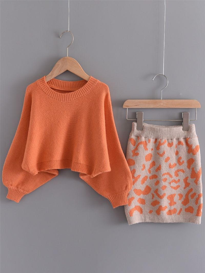 2 Stk Piger Casual Termisk Strikket Sweater & Leopardprint Nederdel Sæt Til Vinterfest Orange