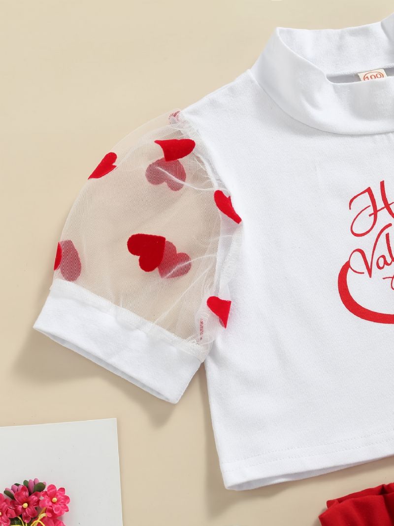 2 Stk Piger Glædelig Valentinsdag Brevtryk Mesh Kortærmet Top Bælte Sløjfe Knap Nederdel Sæt Tøj