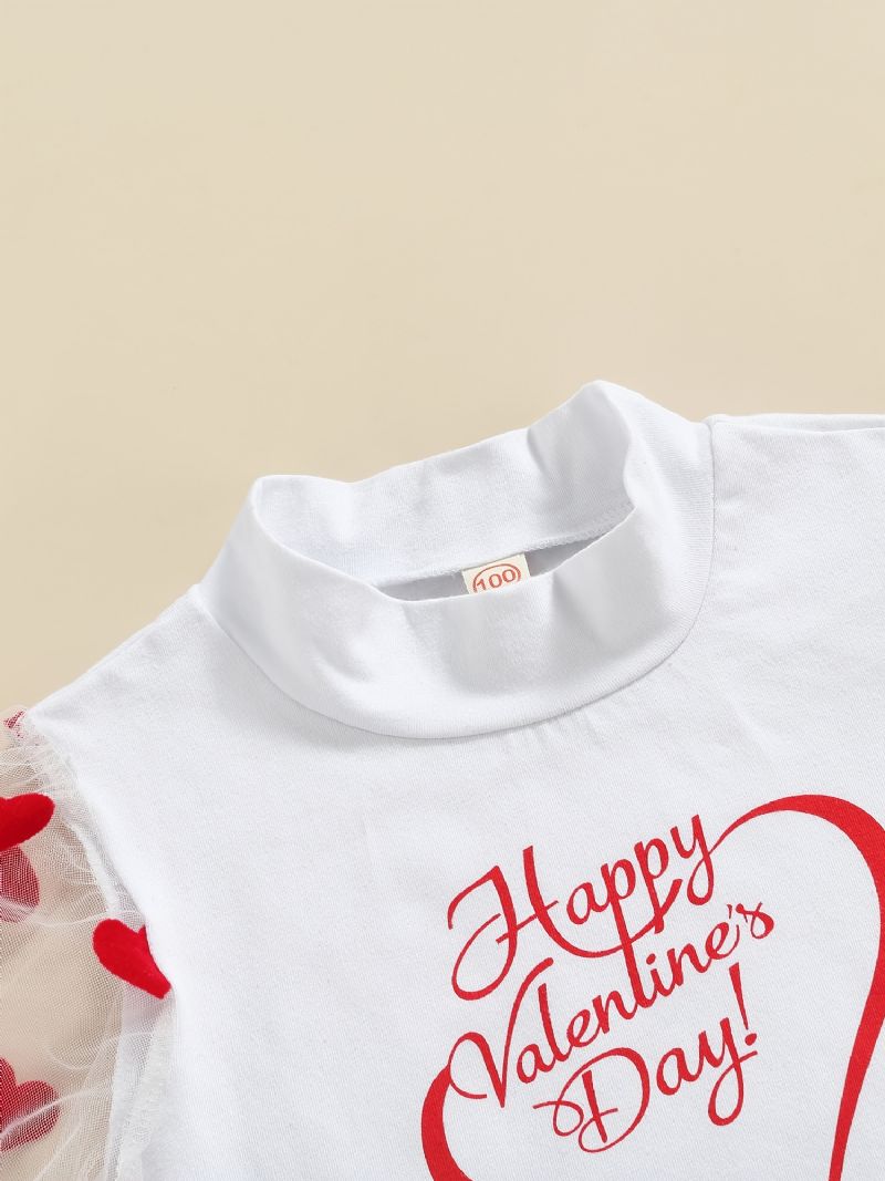 2 Stk Piger Glædelig Valentinsdag Brevtryk Mesh Kortærmet Top Bælte Sløjfe Knap Nederdel Sæt Tøj
