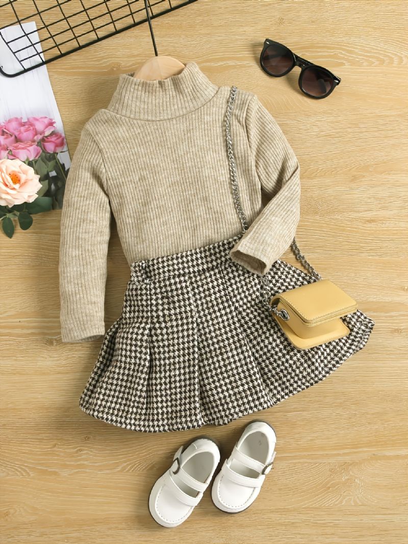 2 Stk Sød Elegant Nederdel Til Piger Med Strikket Sweater Med Høj Hals Og Plaid Til Vinterfest