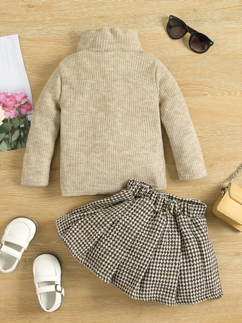 2 Stk Sød Elegant Nederdel Til Piger Med Strikket Sweater Med Høj Hals Og Plaid Til Vinterfest