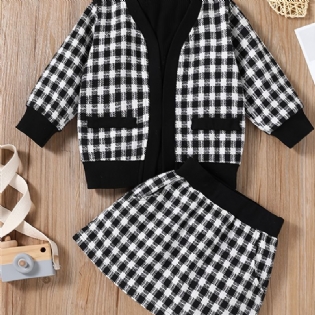 3 Stk Babypiger Langærmet Houndstooth Cardigan & Strikket Pullover Shirt & Plaid Nederdel Børnetøj