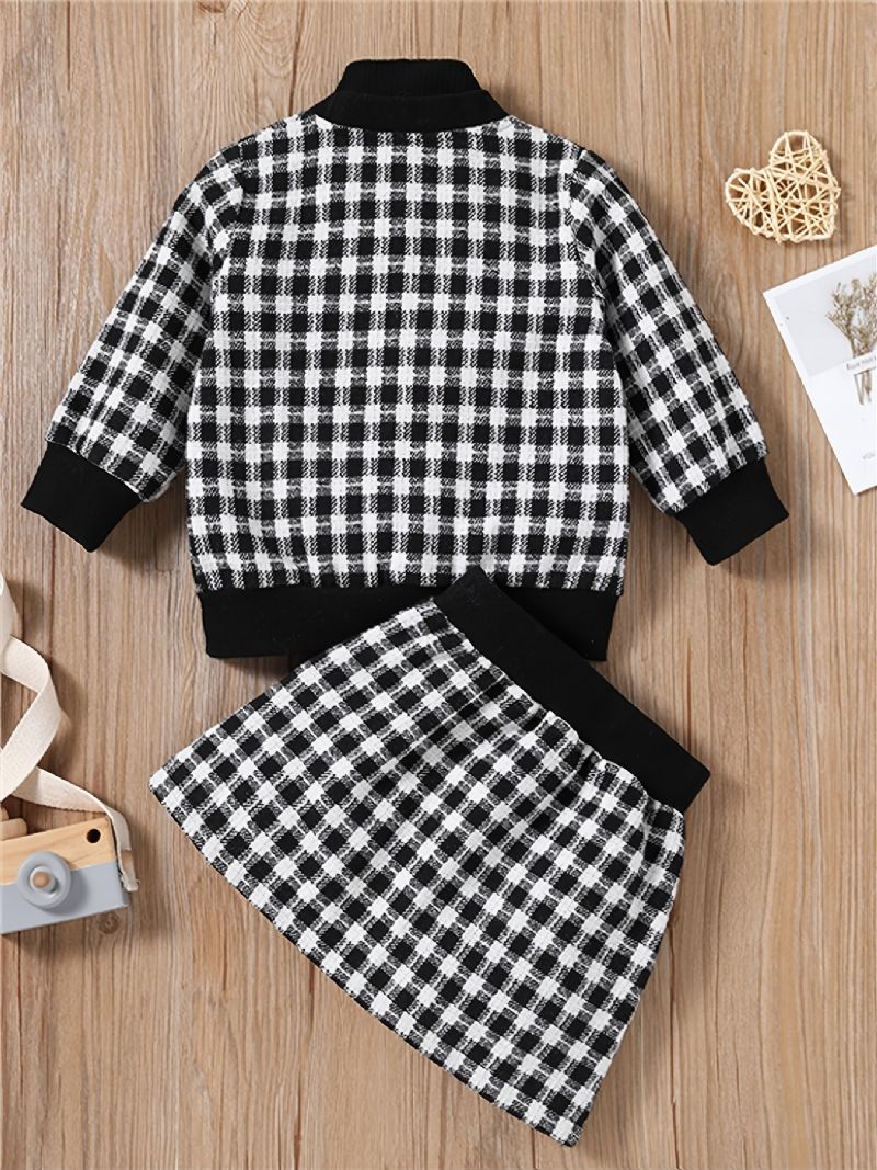 3 Stk Babypiger Langærmet Houndstooth Cardigan & Strikket Pullover Shirt & Plaid Nederdel Børnetøj