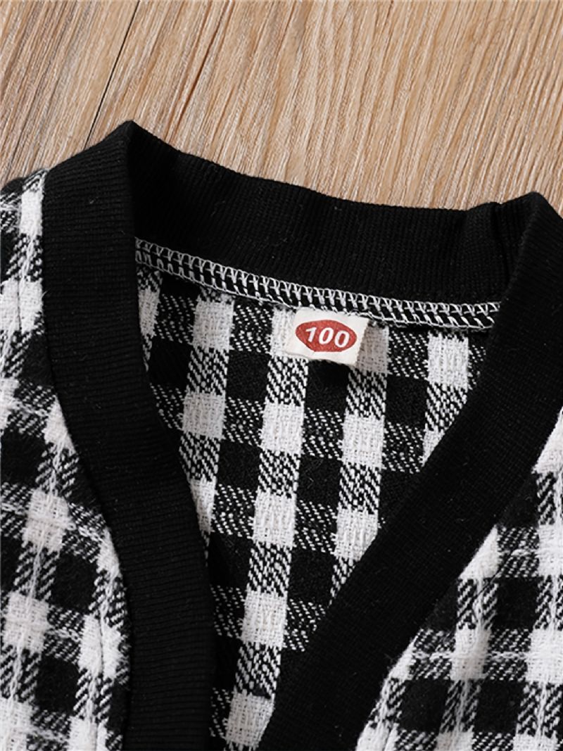 3 Stk Babypiger Langærmet Houndstooth Cardigan & Strikket Pullover Shirt & Plaid Nederdel Børnetøj