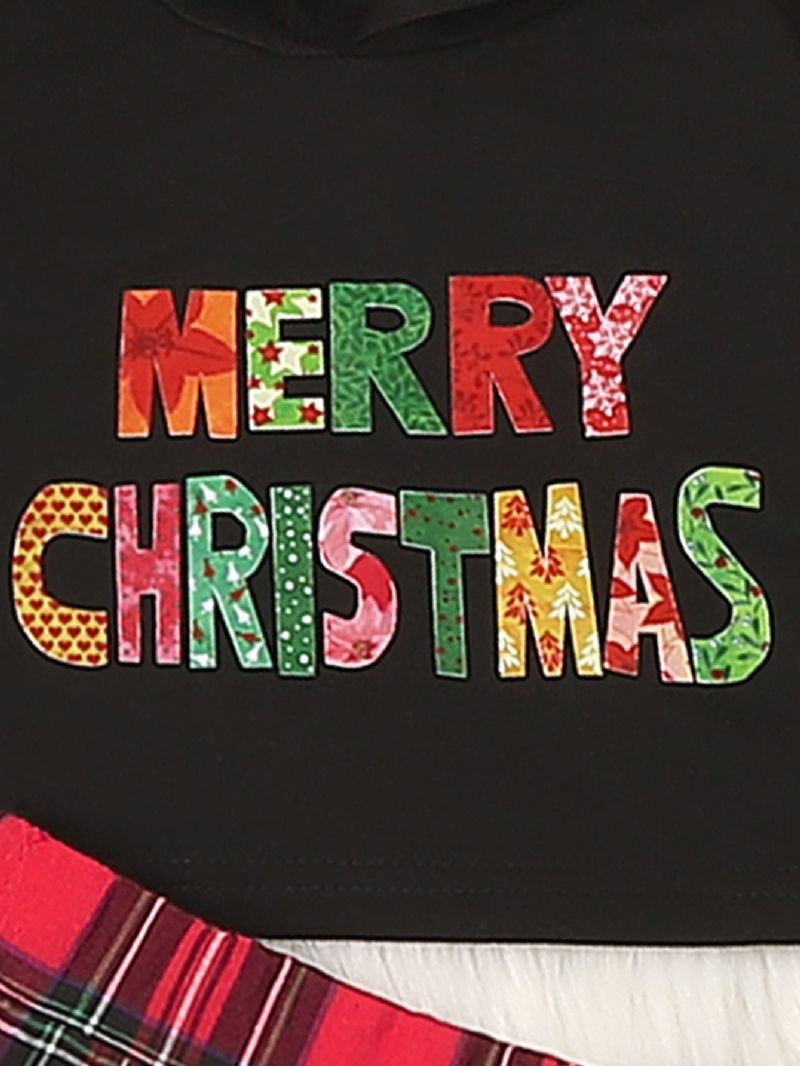 Christmas Piger Alphabet Print Hættetrøje Kort Langærmet Sweatshirt Rød Plaid Plisseret Nederdel Suit