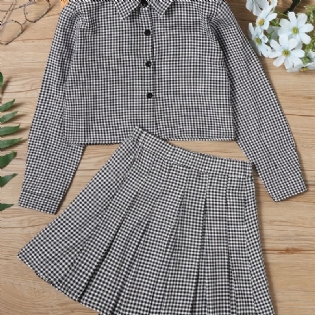 Langærmet Plaid Skjorte Med Knapper Til Piger + Matchende Nederdelsæt Børnetøj Kjole Outfit