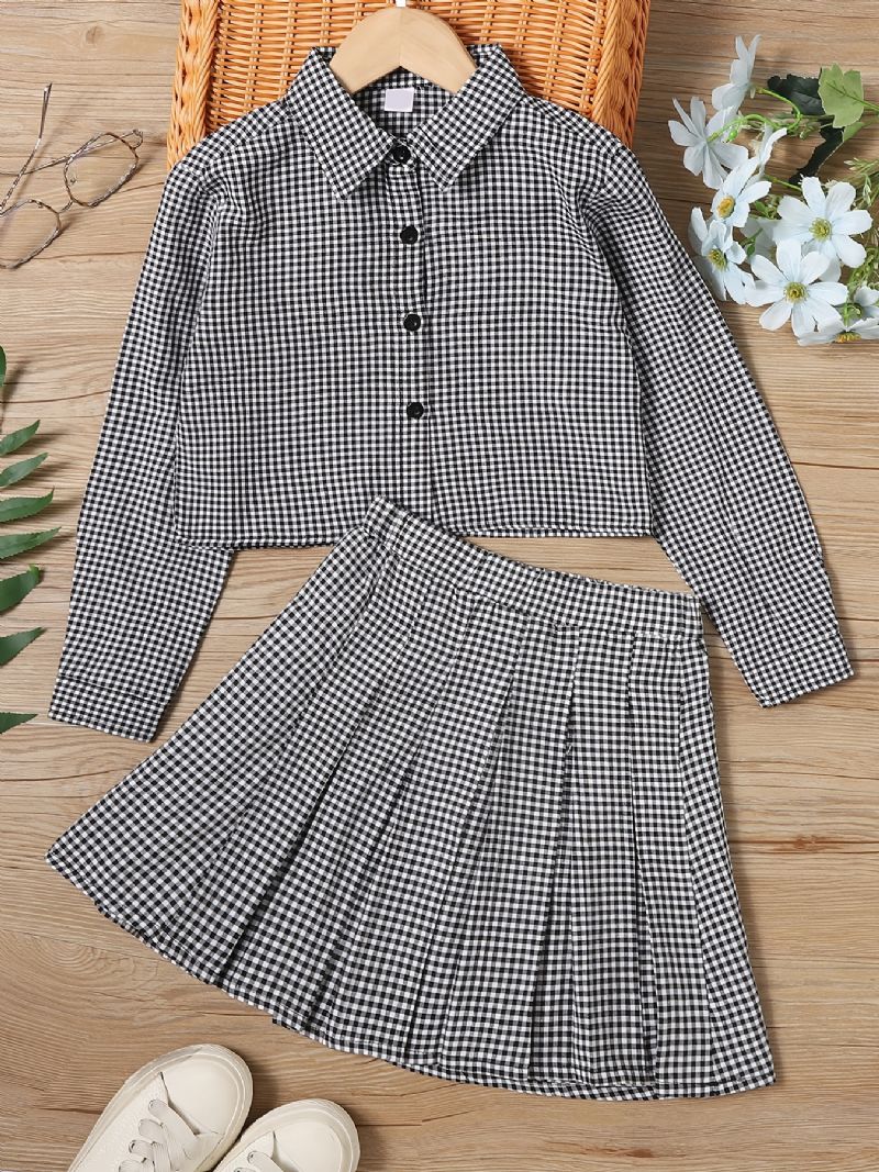Langærmet Plaid Skjorte Med Knapper Til Piger + Matchende Nederdelsæt Børnetøj Kjole Outfit