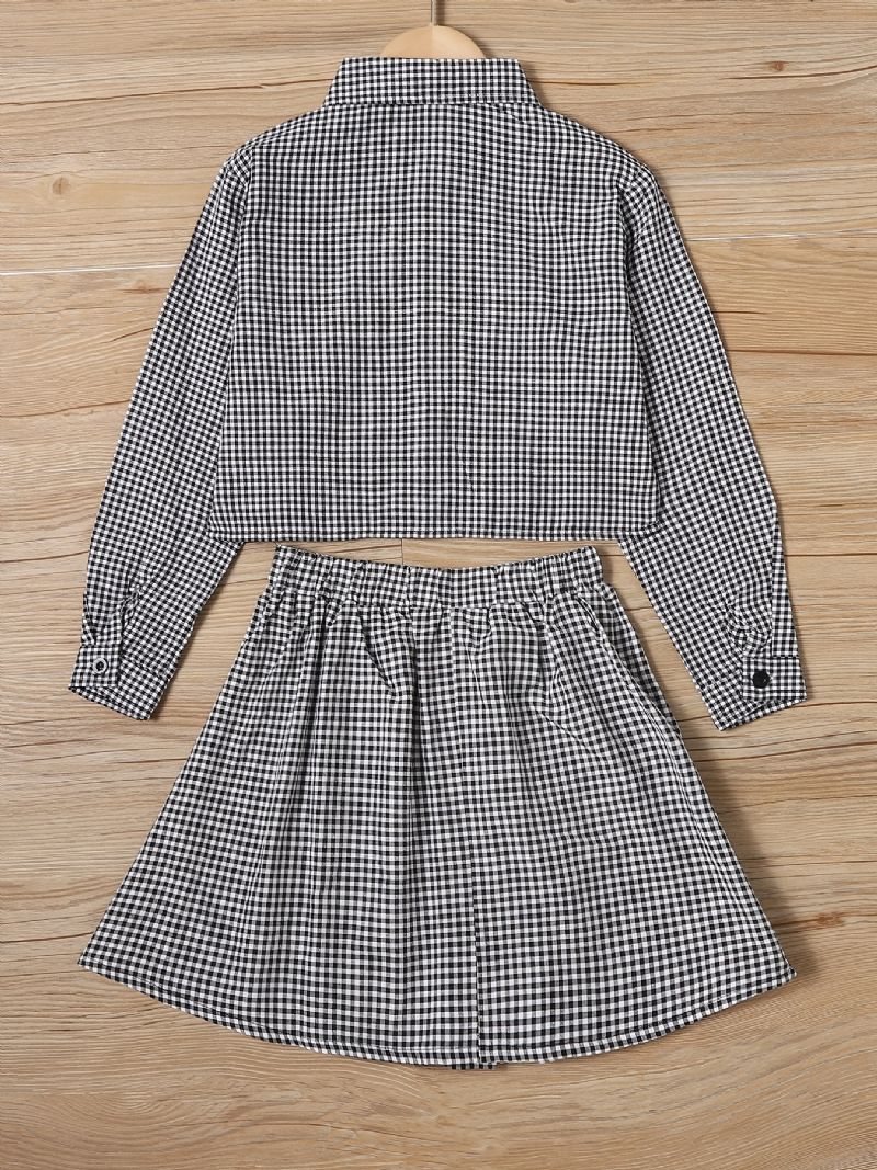 Langærmet Plaid Skjorte Med Knapper Til Piger + Matchende Nederdelsæt Børnetøj Kjole Outfit