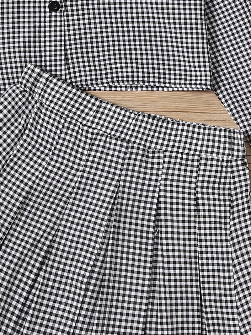 Langærmet Plaid Skjorte Med Knapper Til Piger + Matchende Nederdelsæt Børnetøj Kjole Outfit