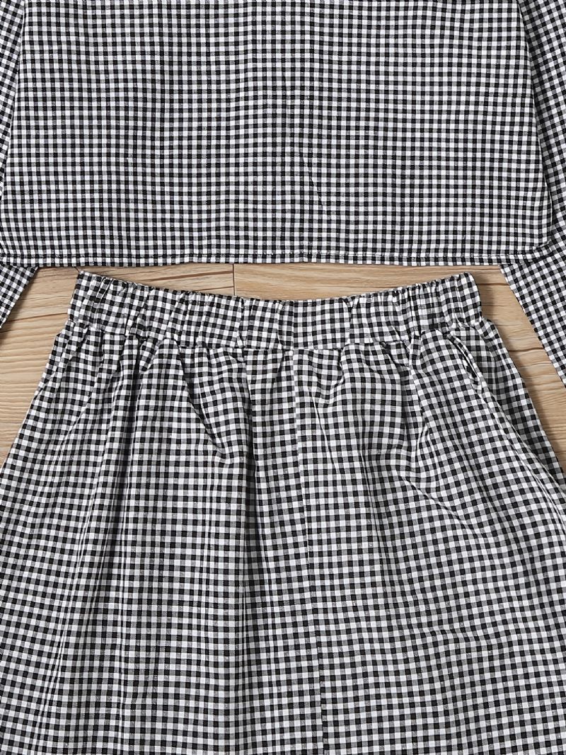 Langærmet Plaid Skjorte Med Knapper Til Piger + Matchende Nederdelsæt Børnetøj Kjole Outfit