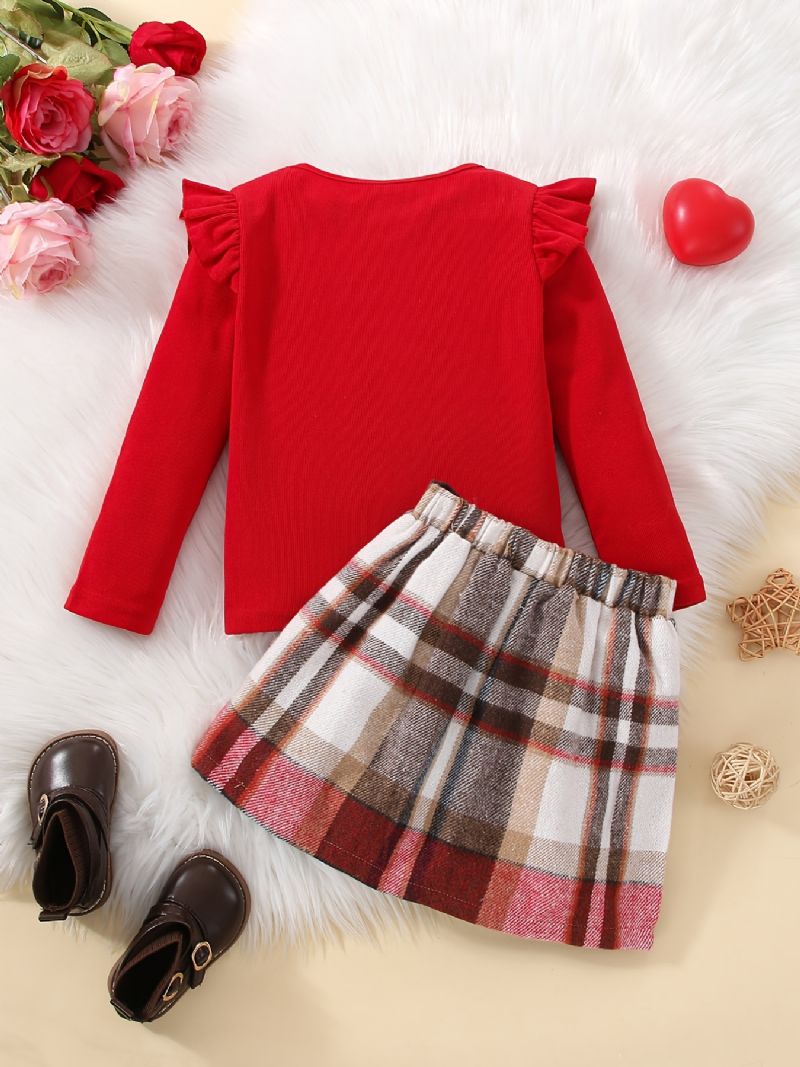 Piger Casual Sød Solid Flæsede Top & Plaid Nederdel Til Vinterjulefest