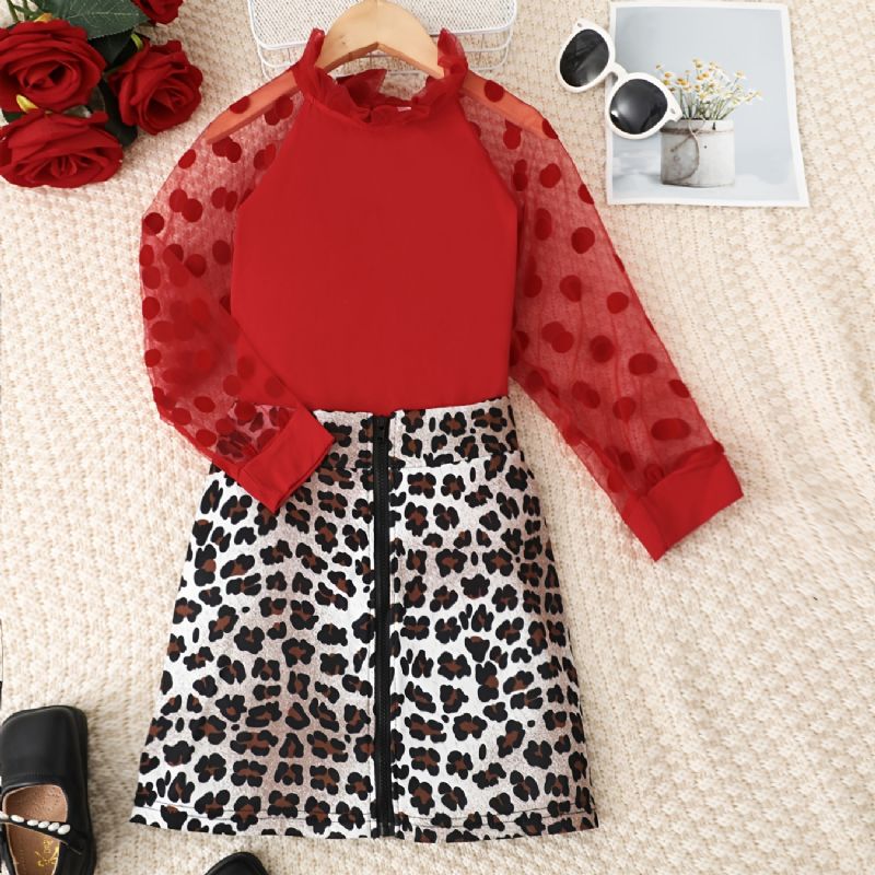 Piger Polka Dot Print Mesh Ærmer Med Flæsede Hals Top & Lynlås Leopard Nederdel Sæt Til Fest