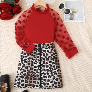 Piger Polka Dot Print Mesh Ærmer Med Flæsede Hals Top & Lynlås Leopard Nederdel Sæt Til Fest