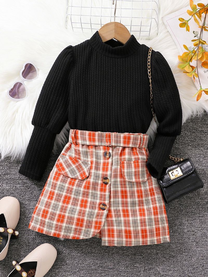 Piger Rullekrave Langærmede Leggings & Gingham Plisseret Nederdel & Hatte 3pack