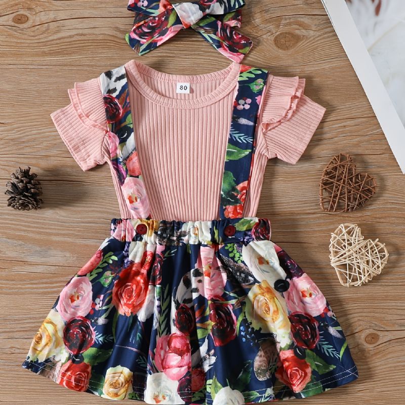 Piger Rundhalset Flæseærmet Top + Blomsterprint Pinafore Suspender Nederdel + Pandebånd Sæt Babytøj Børnetøj