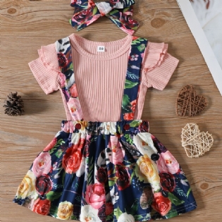 Piger Rundhalset Flæseærmet Top + Blomsterprint Pinafore Suspender Nederdel + Pandebånd Sæt Babytøj Børnetøj