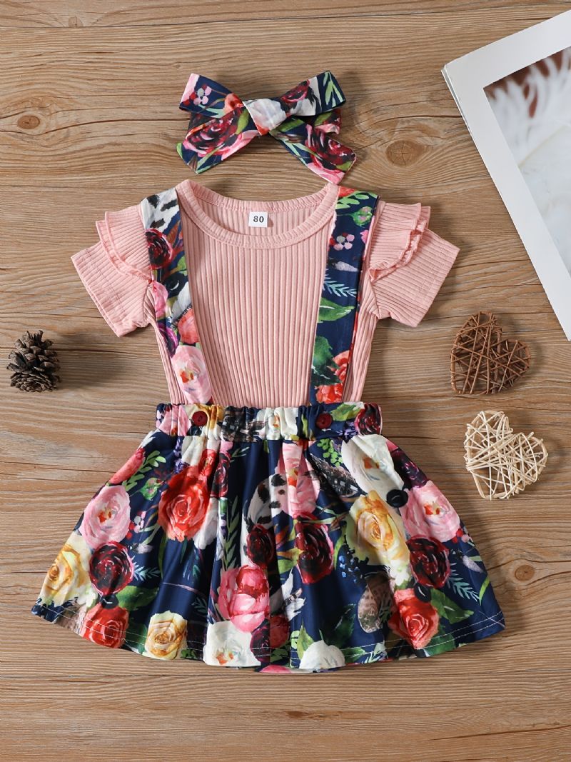 Piger Rundhalset Flæseærmet Top + Blomsterprint Pinafore Suspender Nederdel + Pandebånd Sæt Babytøj Børnetøj