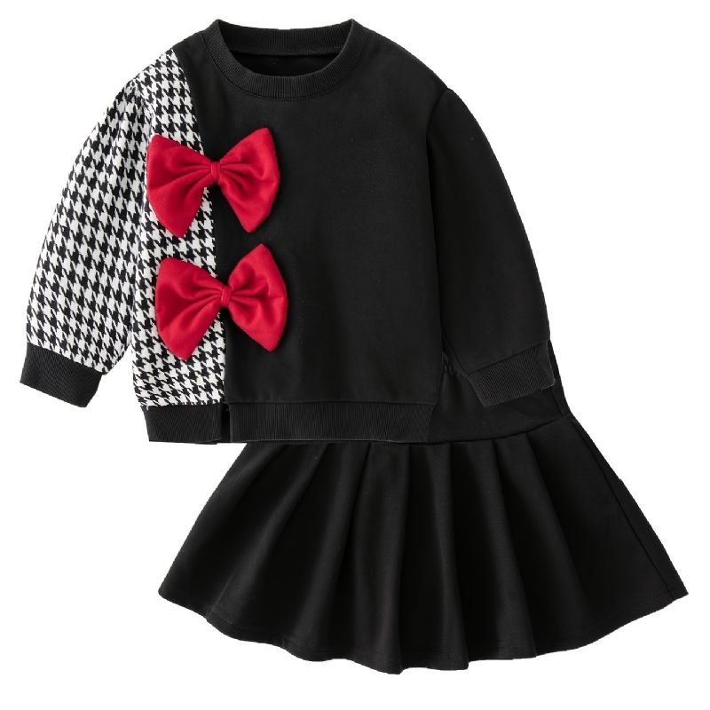 Småbørn Piger Mode Kontrast Houndstooth Sløjfe Rund Hals Sweatshirt + Nederdel 2 Stk Efterår Vinter