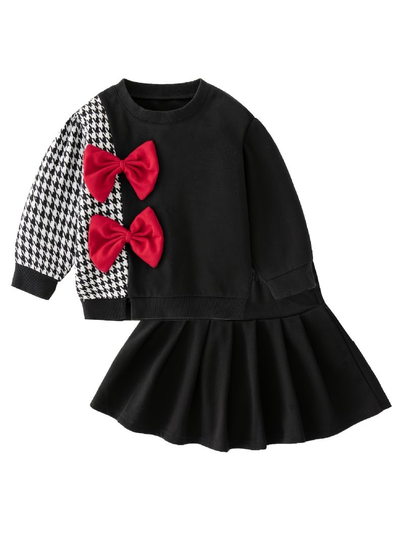 Småbørn Piger Mode Kontrast Houndstooth Sløjfe Rund Hals Sweatshirt + Nederdel 2 Stk Efterår Vinter