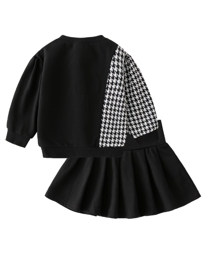 Småbørn Piger Mode Kontrast Houndstooth Sløjfe Rund Hals Sweatshirt + Nederdel 2 Stk Efterår Vinter