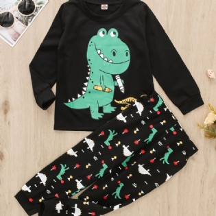 2 Stk Baby Drenge Dinosaur Print Rundhalset Langærmet T-shirt Toppe & Bukser Børnetøj Sæt