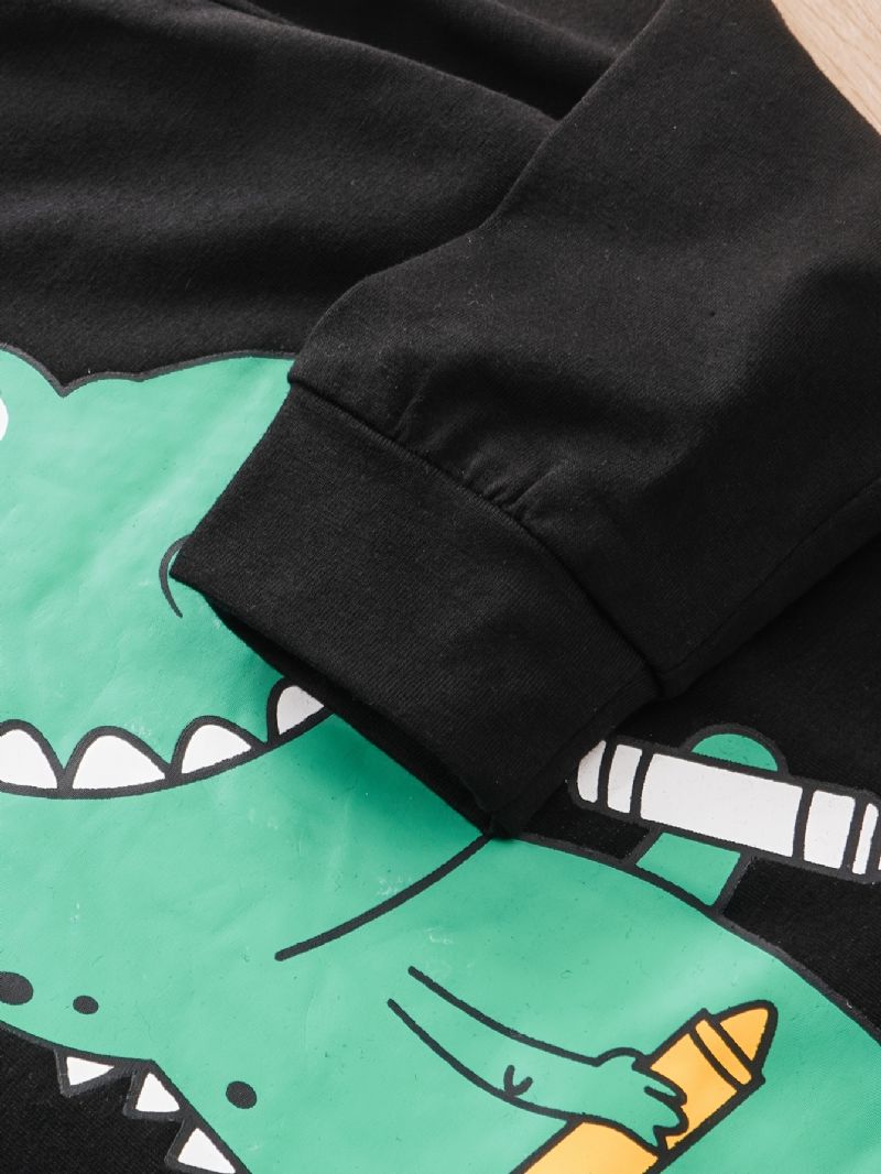 2 Stk Baby Drenge Dinosaur Print Rundhalset Langærmet T-shirt Toppe & Bukser Børnetøj Sæt