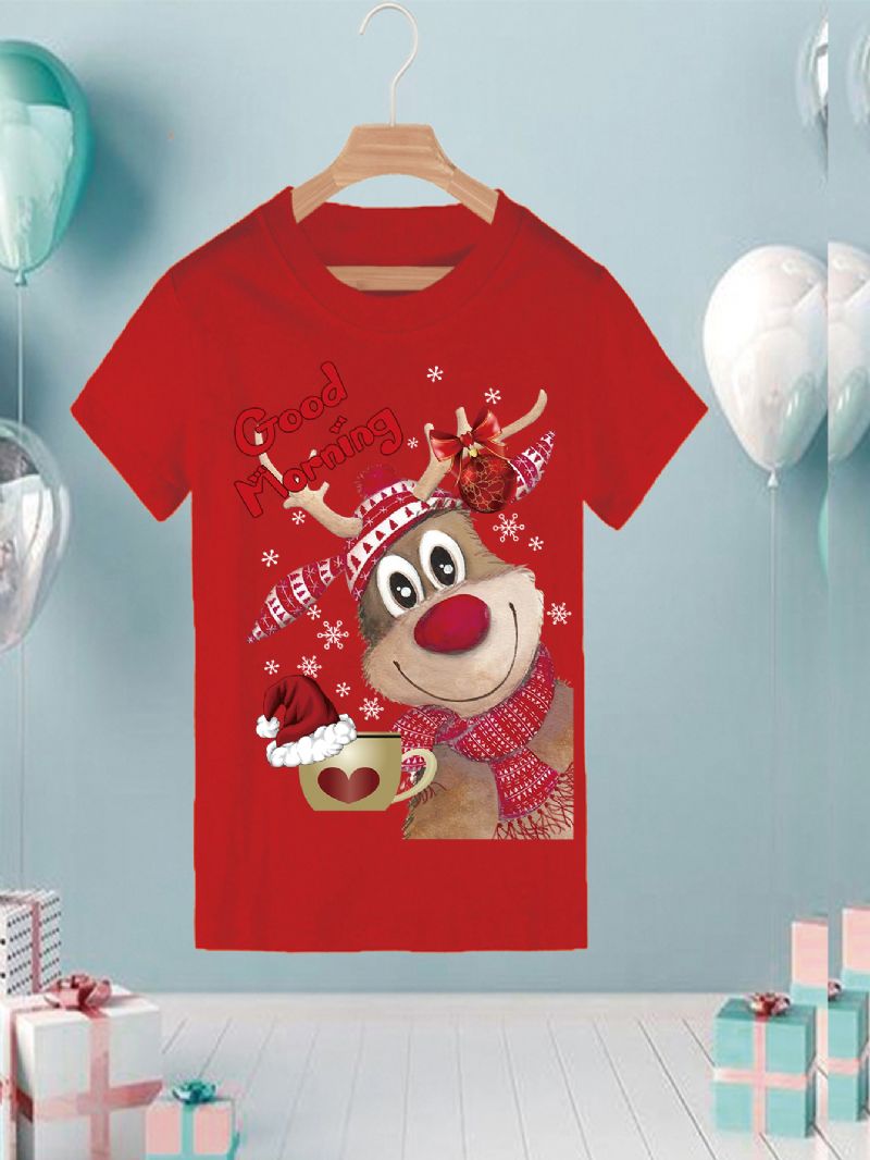 Baby Drenge Casual Cute Elk Print T-shirt Med Rund Hals Kortærmet Top Til Julefest