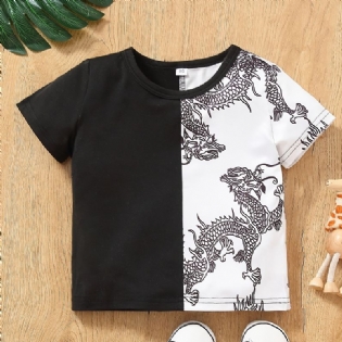 Baby Drenge Casual Farve Blok Dragon Print T-shirt Kortærmet Rund Hals Top Hvid Sort
