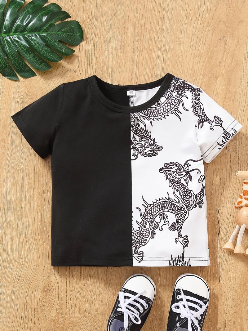 Baby Drenge Casual Farve Blok Dragon Print T-shirt Kortærmet Rund Hals Top Hvid Sort