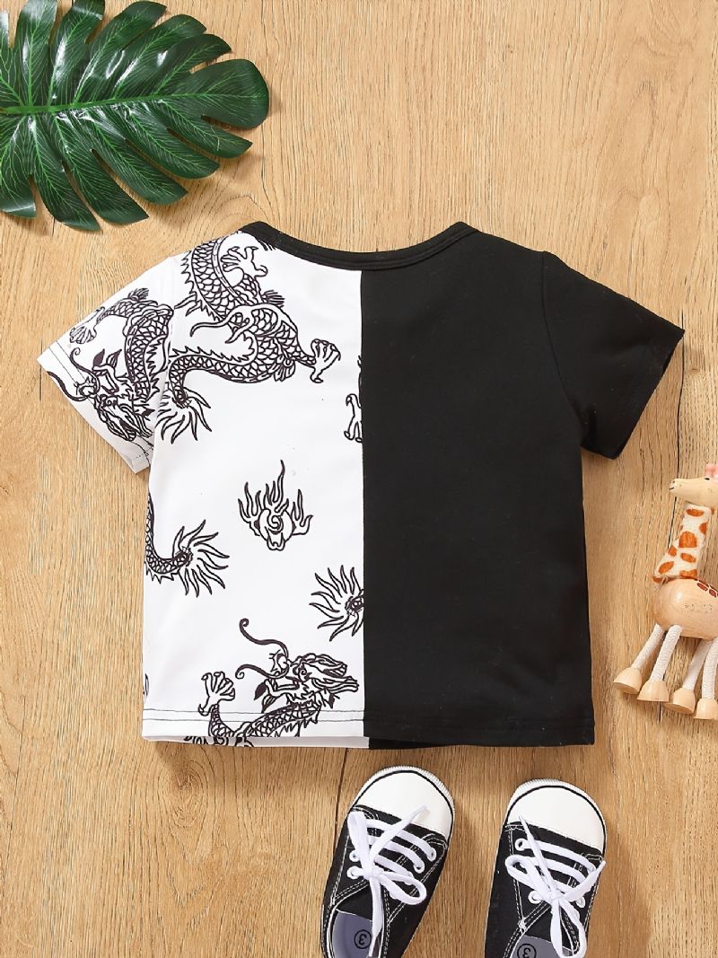 Baby Drenge Casual Farve Blok Dragon Print T-shirt Kortærmet Rund Hals Top Hvid Sort