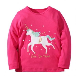 Baby Piger Langærmede T-shirts Rundhalset Søde Unicorn Print Toppe Børnetøj