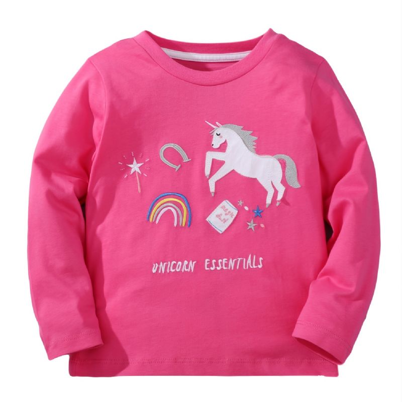 Baby Piger Langærmede T-shirts Rundhalset Søde Unicorn Print Toppe Børnetøj