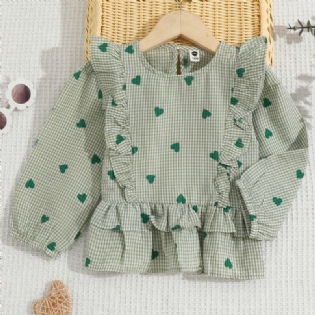 Baby Piger Langærmet T-shirt Hjerte Print Flæse Plaid Rund Hals Top Børnetøj