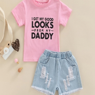 Baby Piger Letter Print T-shirt Top & Denim Shorts Sæt Sommer Outfit Børnetøj