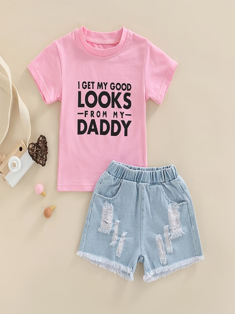 Baby Piger Letter Print T-shirt Top & Denim Shorts Sæt Sommer Outfit Børnetøj