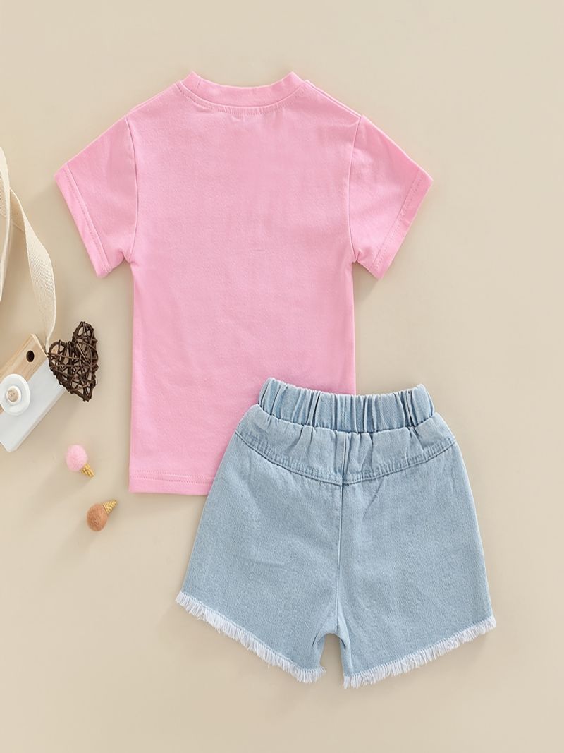 Baby Piger Letter Print T-shirt Top & Denim Shorts Sæt Sommer Outfit Børnetøj