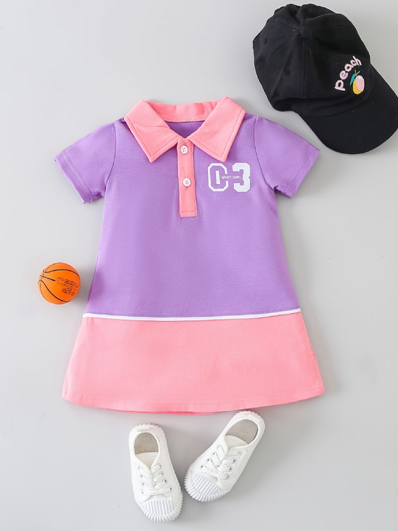 Babypiger Casual Brevtryk Polo T-shirt Kjole Lilla & Pink