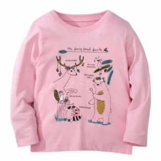 Babypiger Langærmede T-shirts Rundhalsede Søde Tegneserie Dyreprint Toppe Børnetøj