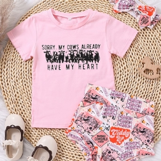 Babypiger T-shirt Med Rund Hals Og Grafisk Mønster Kort Og Pandebånd Sæt Babytøj Outfit