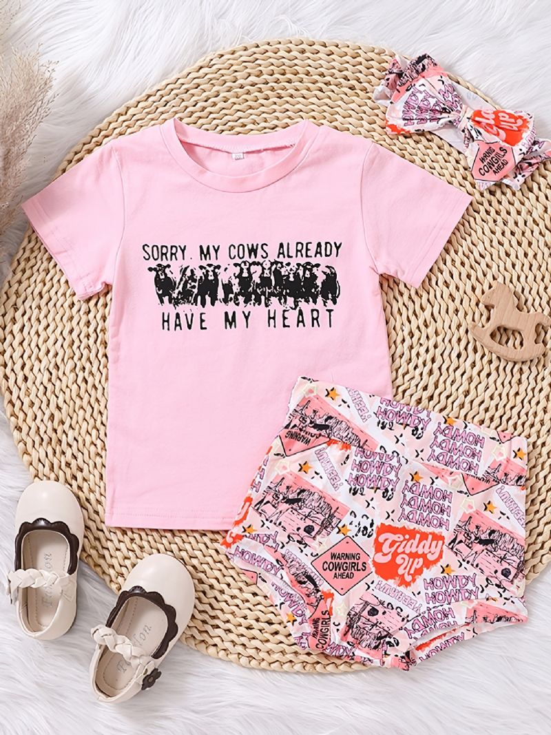 Babypiger T-shirt Med Rund Hals Og Grafisk Mønster Kort Og Pandebånd Sæt Babytøj Outfit