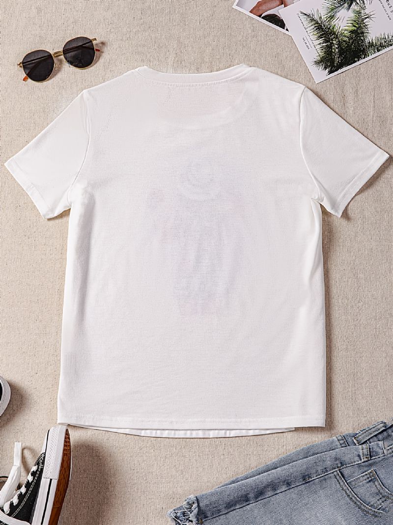 Blomster & Pige Grafisk Print Massiv T-shirt Med Rund Hals Kortærmet Afslappet Top Til Forår Og Sommer Dametøj