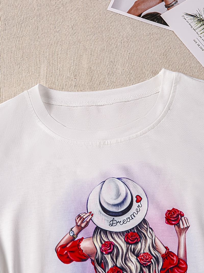 Blomster & Pige Grafisk Print Massiv T-shirt Med Rund Hals Kortærmet Afslappet Top Til Forår Og Sommer Dametøj