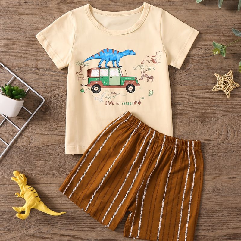 Drenge Afslappet Pyjamas Sæt Med Tegnefilm Bil Dinosaur Print T-shirt & Stribede Shorts Til Hjemmet