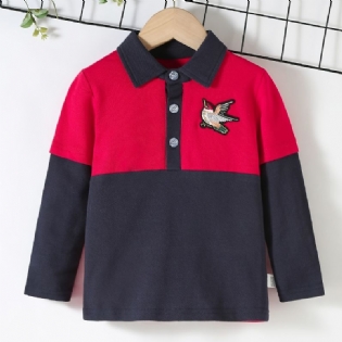 Drenge Casual Color Block Bomuld Polo Neck Langærmet T-shirt Med Eagle Broderi